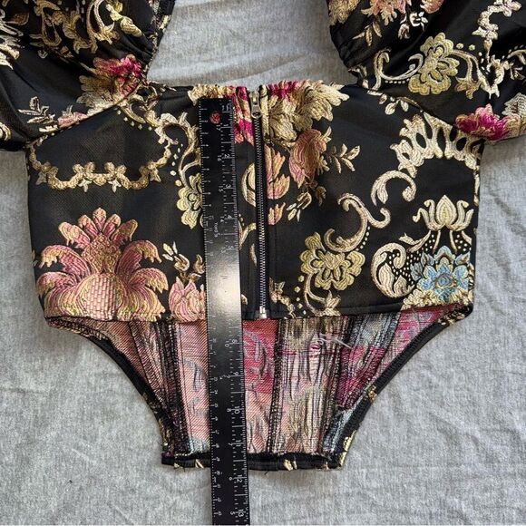 Sz Small Shein Jacquard Black Gold Pink & Blue Cropped Puffy Corset Style Top - Picture 6 of 7